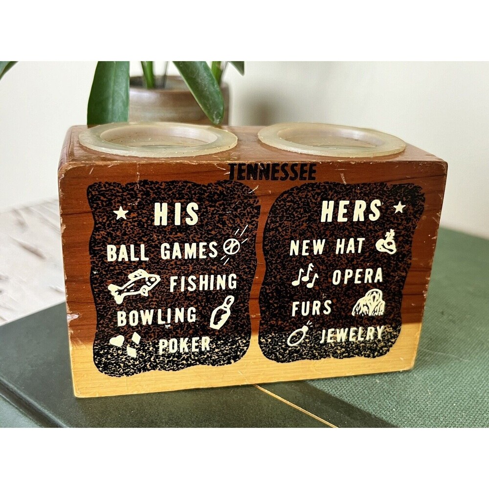 Vintage MCM Wood Bank His And Hers Wooden / Tennessee Souvenir / Change Bank 4"